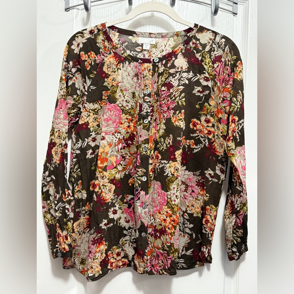 J. Jill Brown Floral Pintuck Pleated Blouse women’s SP preppy cottage S petite